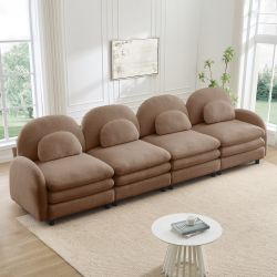 Ventura 129" Modern Teddy Fabric 4-Seater Modular Sofa with Arched Back and Lumbar Pillows