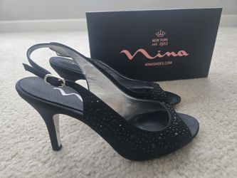 Nina Black Satin Sparkly Slingback Heels 7.5M