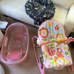 LOW PRICE MOVING- 3 BABY ITEMS. BABY BATH, SWING ROCKER AND NURSING PILLOW 