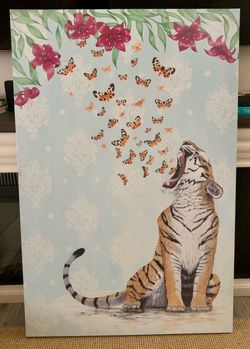 Large 4-Foot Tiger & Butterflies Canvas Wall Art - Excellent Condition
