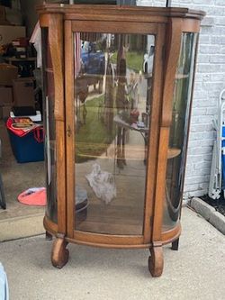 Antique Oak Curved Glass Curio Cabinet