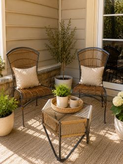 Boho Patio Set – 2 Chairs + Table – Modern Wicker Look
