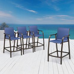 New Set Of 4 Outdoor Patio Bar Stool Counter Height Chairs Navy Blue Textilene Aluminum Frame All Weather