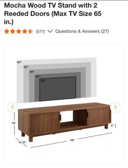 New open box. 58 in. Mid-Century Modern Mocha Wood TV Stand with 2 Reeded Doors (Max TV Size 65 in.)