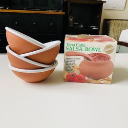 4 Terra Cotta Bowls. White Glazed Inside and Natural Finish Outside. Brand new. Never used. 6” in diameter. And  Terra Cotta Salsa Bowl with a Spoon. 