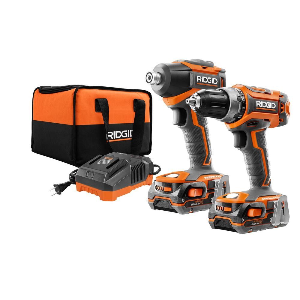 RIDGID 18-Volt Lithium-Ion Cordless Brushless Drill/Driver and Impact Driver Combo Kit w/(1) 2.0 Ah Battery, Charger, and Bag