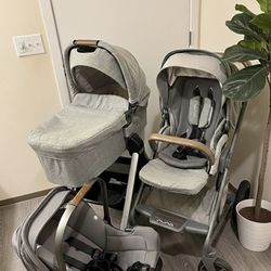 Nuna Mixx Stroller with Car Seat and Bassinet With Stand Grey