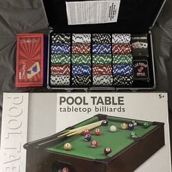 Tabletop Billiards, Poker Chip set and Mini Cornhole