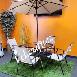 ✅️✅️6-Piece Metal Glass top Square Outdoor Dining Set and Umbrella✅️