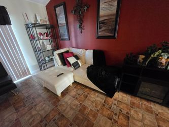 White Faux Leather Sectional Sofa with Ottoman