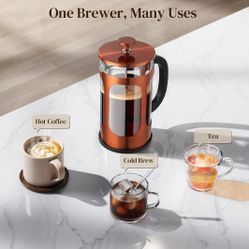 Veken French Press Coffee Maker 34oz 1 L, No Plastic Touching Cafe, Heat Resistant Thickened Borosilicate Glass, Stainless Steel Brewer, Cold Brew Caf