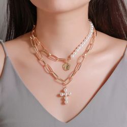 2pcs/set Cross Pearl Necklaces