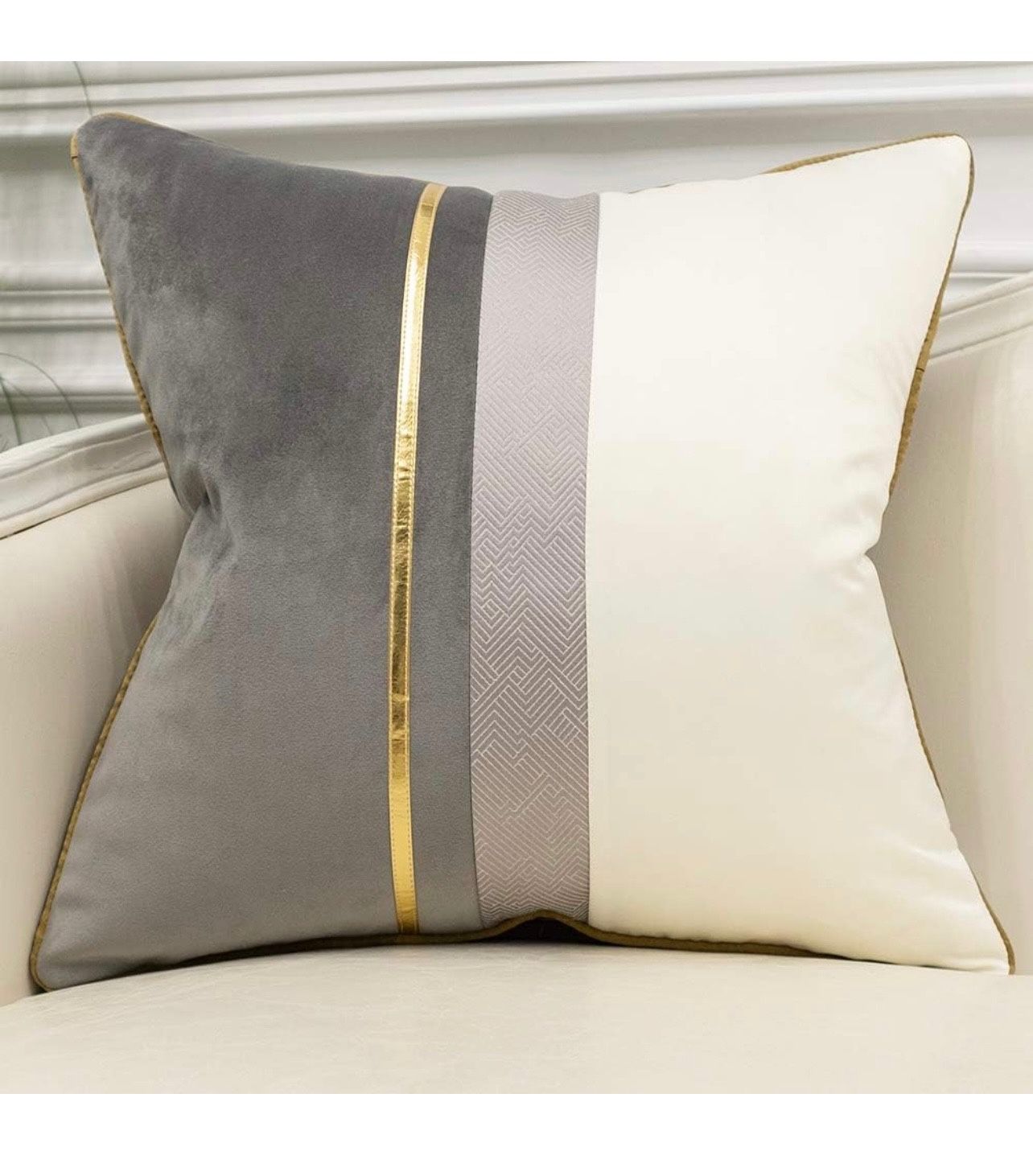 BRAND NEW IN BAG Set of 2 Avigers 18” x 18” Gray White Gold Leather Striped Patchwork Velvet Cushion Case Luxury Modern Throw Pillow Covers Decorative