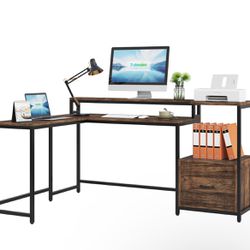 L-Shaped Desk, 67 Inch Corner Computer Desk with Hutch and Drawer IN BOX NEW