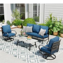 Brand New In Box -Patio Furniture Sets 5 Seats Outdoor Metal Conversation Sets with 2 x Cushioned Swivel Sofa Chairs,1 x 3-Seat Sofa, 1x Marbling Meta