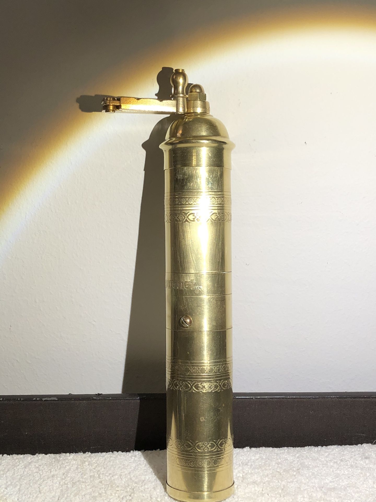 Vintage Solid Brass Pepper Grinder Engraved in GREECE FRUGAL GOURMET