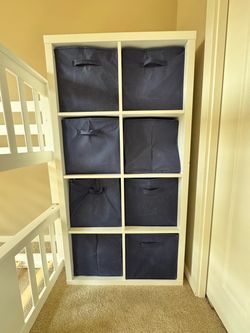 8-Cube white Storage Shelf with Navy Fabric Bins