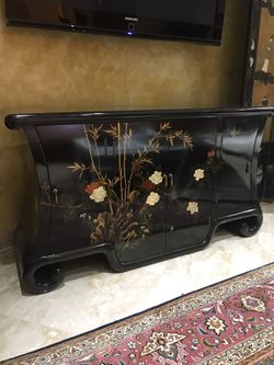 Vintage Oriental Table Hand Painted Black white and red floral wooden Sideboard
