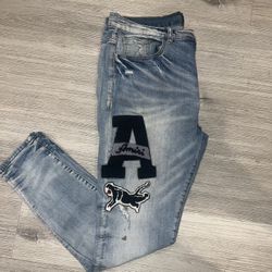 Amiri Varsity logo Patch Mens Destroyed Jeans Skinny Fit