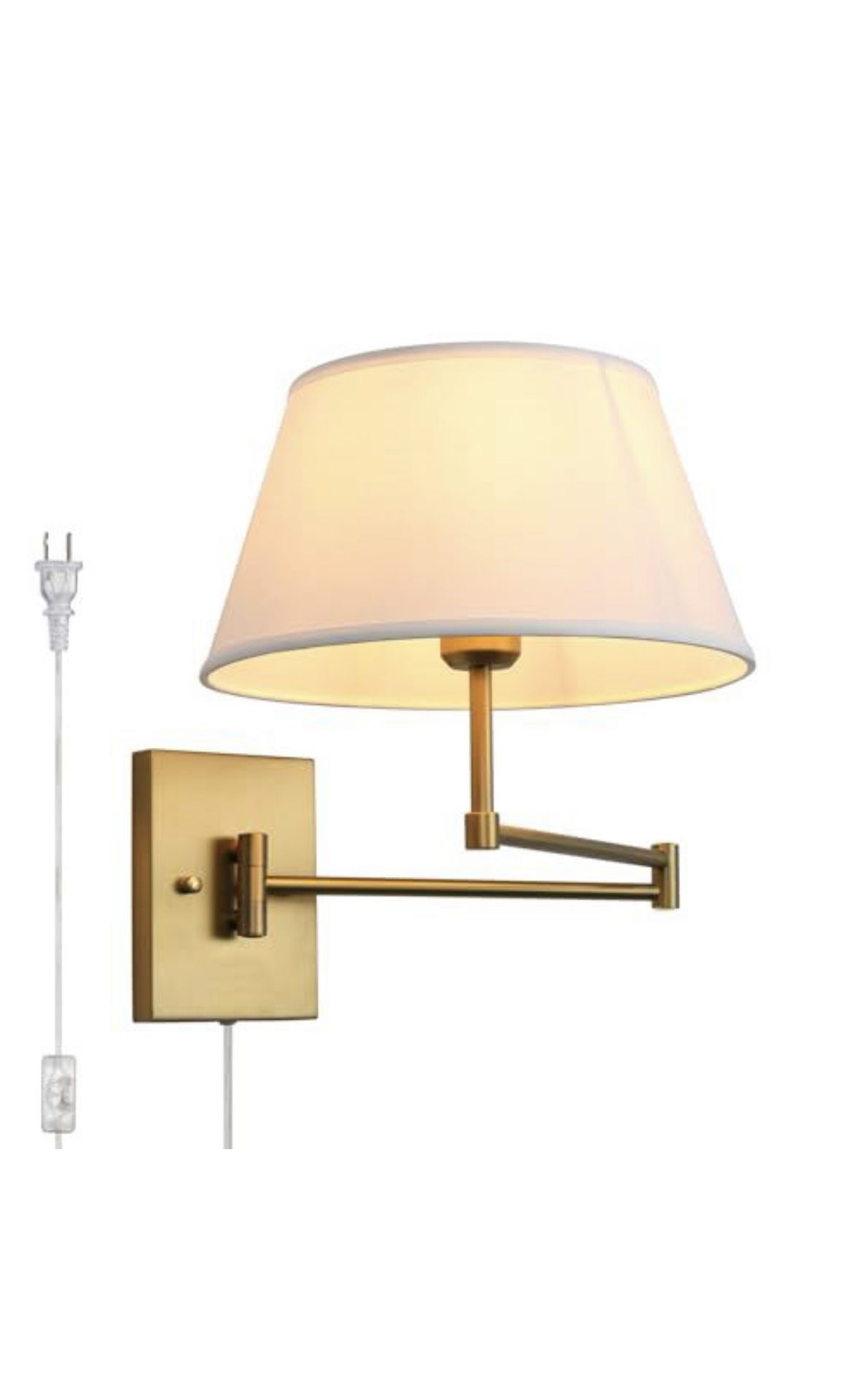 JIMUBEAM Vintage Plug-in Cord Wall Sconce with White Fabric Shade, Indoor Swing Arm Wall Mounted Lamp with on/Off Switch, Antique Brass Sconce Wall Li