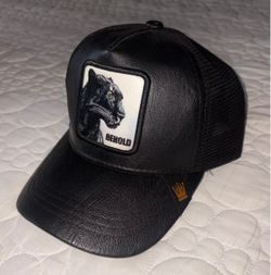 Black Leather Panther Snap Back