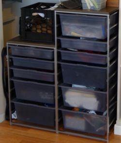 Elfa drawers. 7 complete drawer sets! 29 drawers! Container store. Platinum mesh