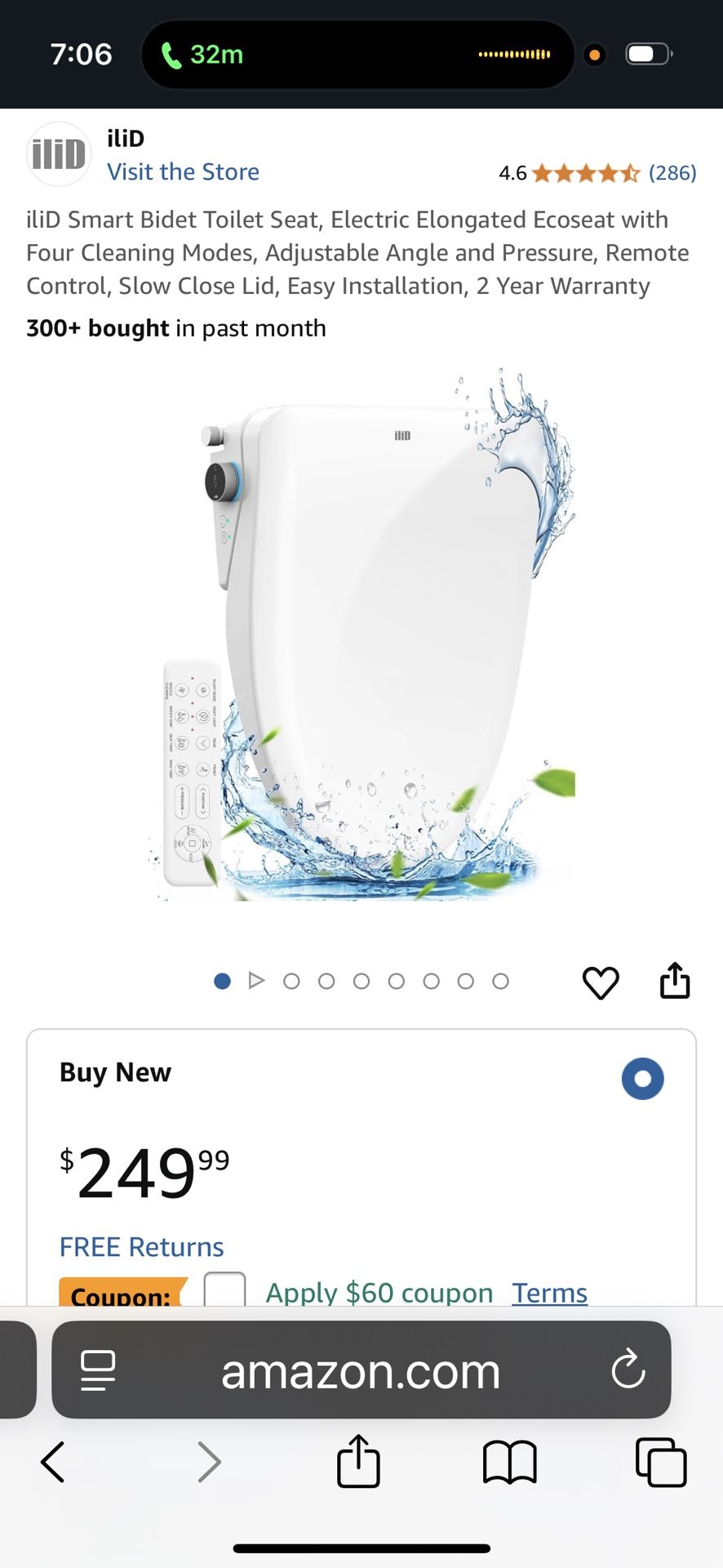 Bidet Elongated Toilet. Electric Smart Toilet With Remote