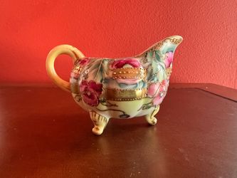 Antique Hand Painted Nippon Moriage 3-Footed Creamer Pink Floral Raised Gold