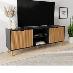 Contemporary Fluted Modern TV Stand & Media Console - 70in Fluted Black & Oak - Soft-Close Doors & Adjustable Shelves - Supports TVs Up to 80in - Ente