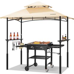 VIVOHOME 8×5 ft Grill Gazebo Outdoor BBQ Patio Canopy Tent with Double Tiered Vented Top & 2 Side Shelves