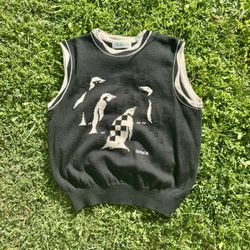 Vintage Lady’s Superior Sports Penguin Knit Wool Sweater Vest Black, Cream, Checkered