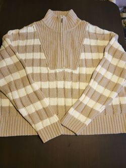 Quarter-Zip Knit Sweater Tan and Cream Striped
