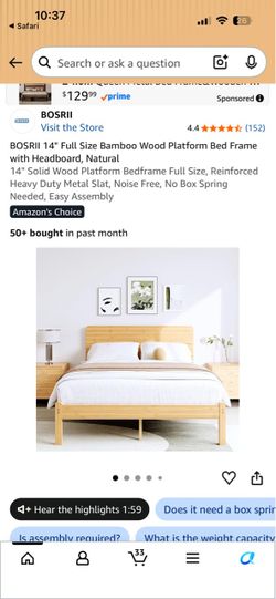 BOSRII 14" Full Size Bamboo Wood Platform Bed Frame With Headboard, Natural