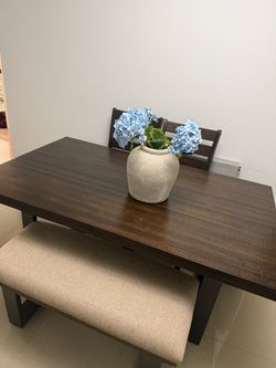 Dark Wood Dining Table with Bench and Chairs