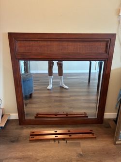 Large Wood Framed Wall Mirror with Rattan Accent