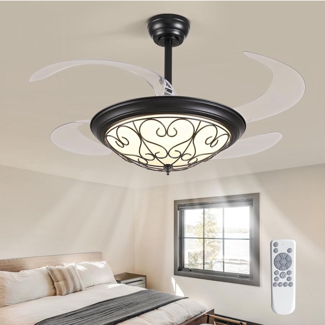 Brand New 48” Tiffany Rustic Retractable Ceiling Fan With Lights