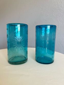 Pair of Aqua Hand-Blown Recycled Glass Tumblers with Etched Floral Design (Mexico)