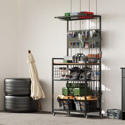 Fishing Rod Storage Rack with Pegboard, Rolling Tackle Organizer Cart, Multi-Tier Fishing Gear Stand for Rods, Reels, Tackle Boxes & Bags, Heavy Duty 