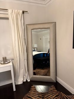 Large Floor Mirror with Upholstered Nailhead Frame