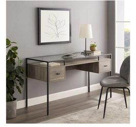 Grey Wash 2-Drawer Glass Top Writing Desk