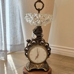 Vintage Crystal Ashtray Stand With Electric United Clock With Ornate Brass Gold Frame 
