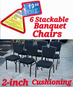 Six Black Square Back Steel Banquet Stackable Chairs With 2-Inch Fabric Cushions
