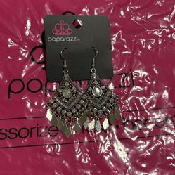 Paparazzi Silver Rhinestone Earrings Around 2 / 2 1/2 Inch Hang Around 1 Inch Widest Point