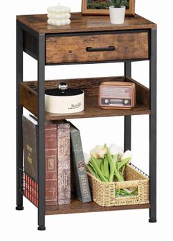 Metal and wood side table with 2 shelves and 1 removable fabric drawer