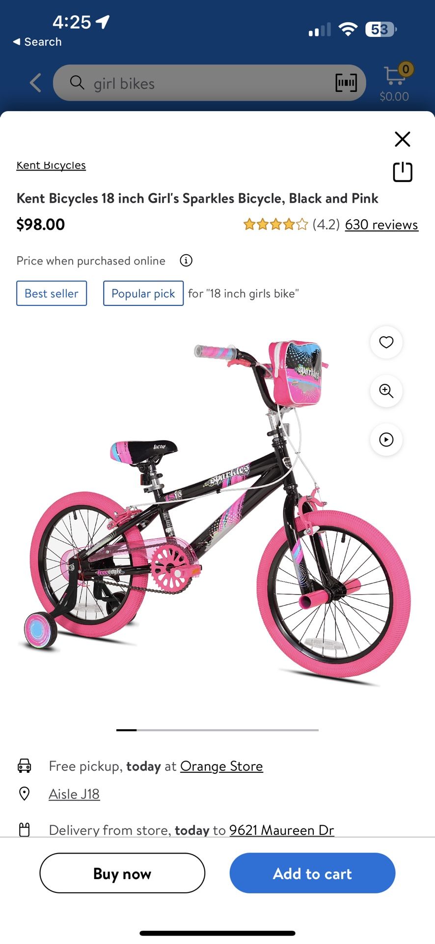 Kent Bicycles 18 inch Girl's Sparkles Bicycle, Black and Pink