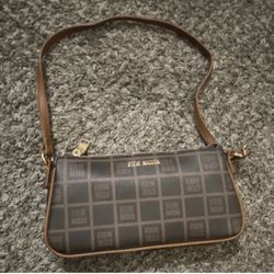 Steve Madden Brown Logo Pattern Shoulder Bag with Gold Hardware