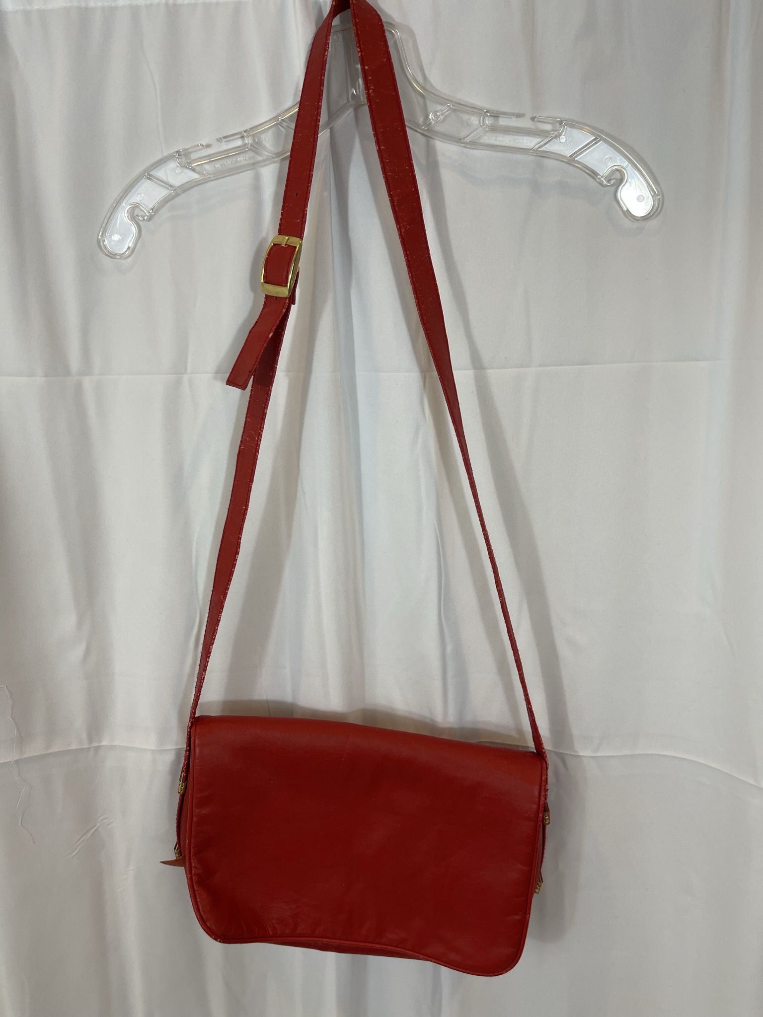 Vintage Cherry Red Leather Crossbody Purse With Many Compartments 