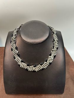 Vintage Hollywood Noir Black & Clear Rhinestone Evening Necklace