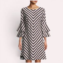NWT Eci Striped V-Neck Bell-Sleeve Dress, Size L, MSRP $98
