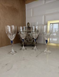 Cristal D'Arques SAPHIR TAILLE LANCE 7” H Water/Wine Glasses Blue Drop Set of 4
